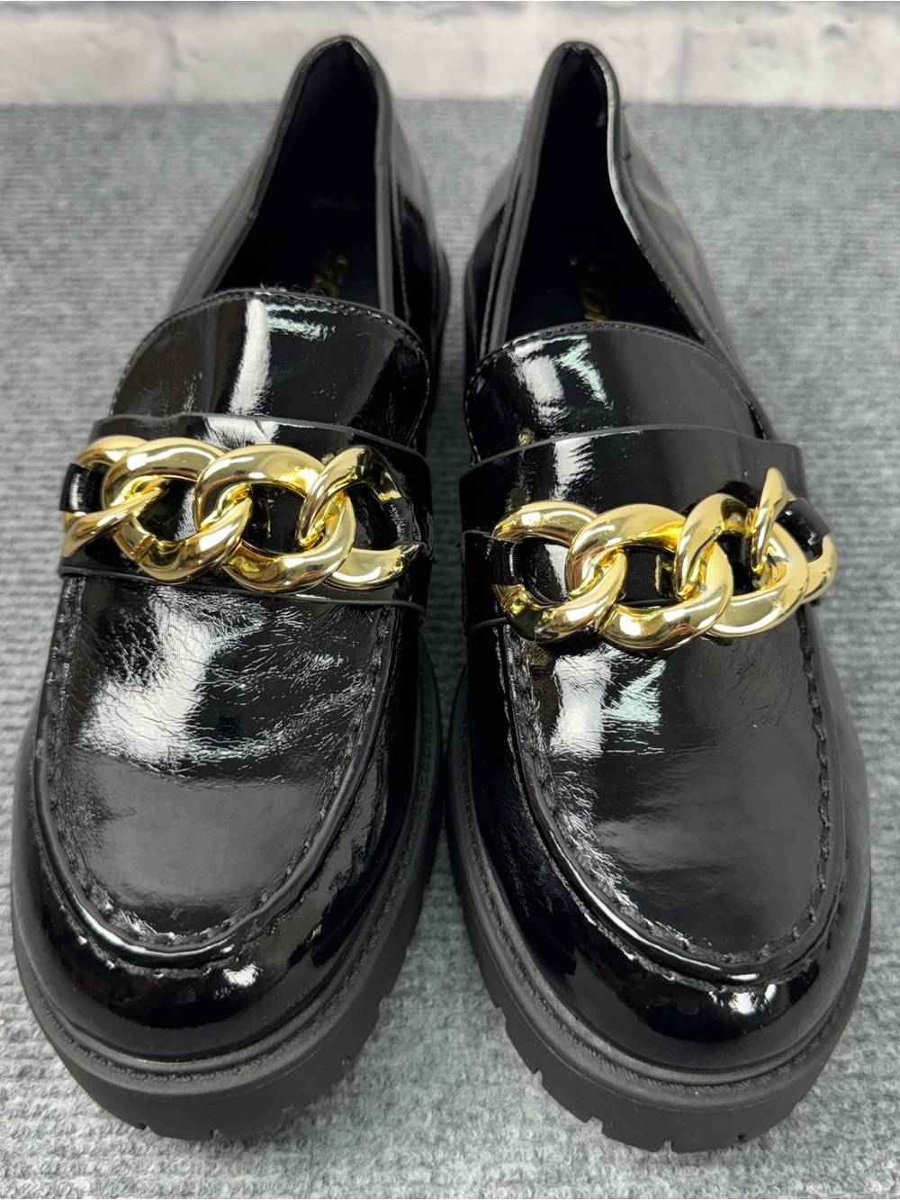 SODA Black Patent Gold Chain Chunky Lug Loafers Size 8